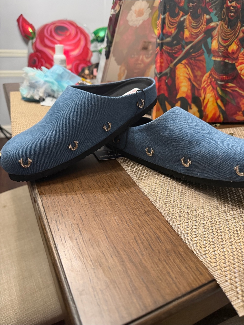 True Religion Denim Blue Slip-On Mules with Horseshoe Studs - Picture 12 of 17